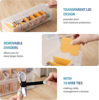 2 Pack Cable Organizer Storage Box with 16 Cable Ties, Clear Phone Charger Organizer Case Wire Organizers for Cords Electronic Storage Box for Drawer Desk Office Home