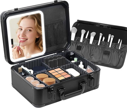 15"x11" Makeup Case with Lighted Mirror & Brush Holder - Waterproof Travel Organizer, Customizable Storage, Rechargeable LED Vanity for Women (black)