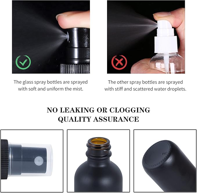 2oz Glass Spray Bottle, Fine Mist Boston Glass Bottles with Black Fine Mist Sprayer Small Clear Bottles for Essential Oils, Bath, Beauty, Hair & Cleaning, Black, Pack of 24