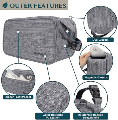 PAVILIA Toiletry Bag for Men, Travel Essentials Shaving Dopp Kit, Mens Travel Bag Toiletries Organizer Case for Grooming, PU Leather Water Resistant Cosmetic Bag Pouch (Heather Grey)