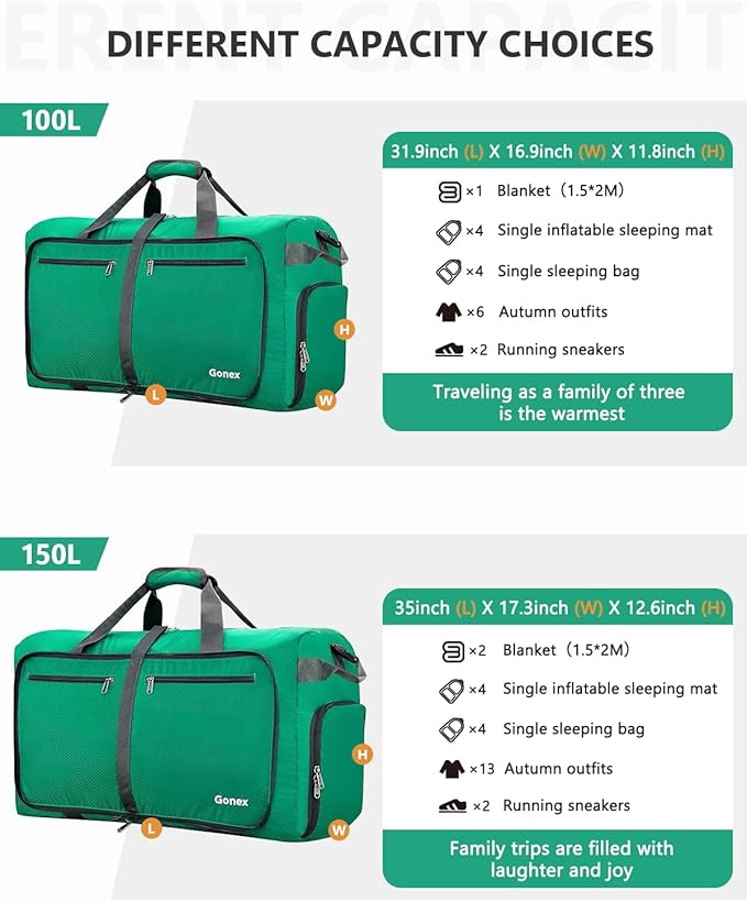 Gonex 40L 60L 80L 100L 150L Large Foldable Travel Duffle Bag with Shoes Compartment, Packable Lightweight Water Repellent Duffel Bag for Camping Gym Weekender Bag