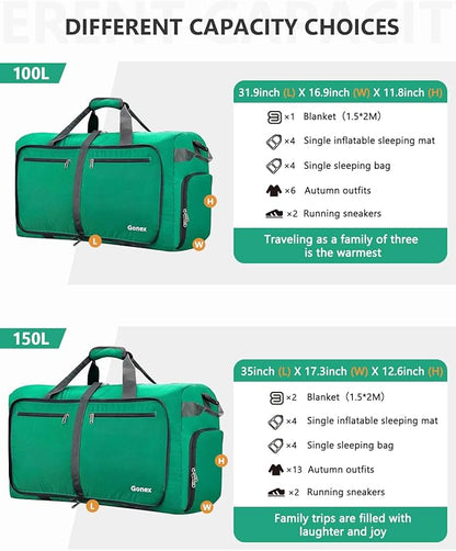 Gonex 40L 60L 80L 100L 150L Large Foldable Travel Duffle Bag with Shoes Compartment, Packable Lightweight Water Repellent Duffel Bag for Camping Gym Weekender Bag