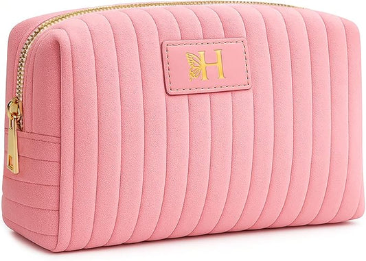Monogrammed Make Up Bags for Women,Personalized Cosmetic Bags Women,Small Quilted Makeup Pouch,Cute Makeup Bag Travel,Birthday Gifts for Teen Girl (Pink H)