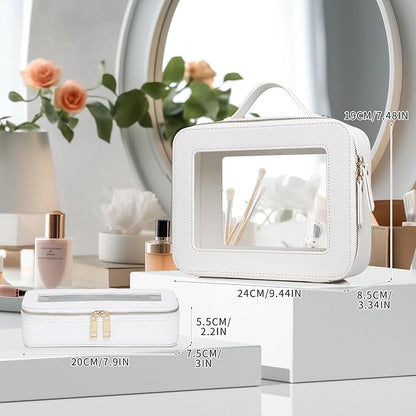 Pinkmik Clear Makeup Bag with Brush Bag 2pcs Waterproof Travel Case for Cosmetics and Toiletries Women's Cosmetic Organizer with Zipper (White, L+SLIM)