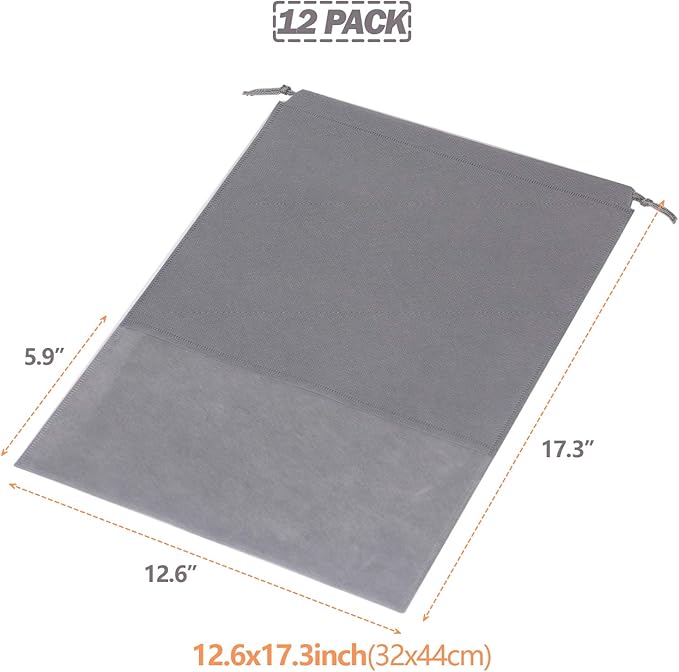 DIOMMELL 12PCS X-Large Non-Woven Fabric Shoe Bags with Drawstring, Black