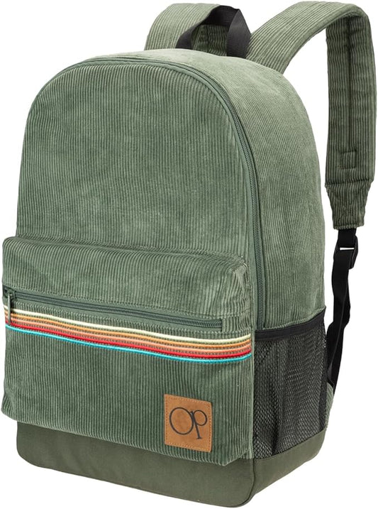 Ocean Pacific OG Corduroy Backpack for Travel, Sports, Beach, Work, Casual Daypack for Men Women Fits 15.6 Inch Laptop (Olive)