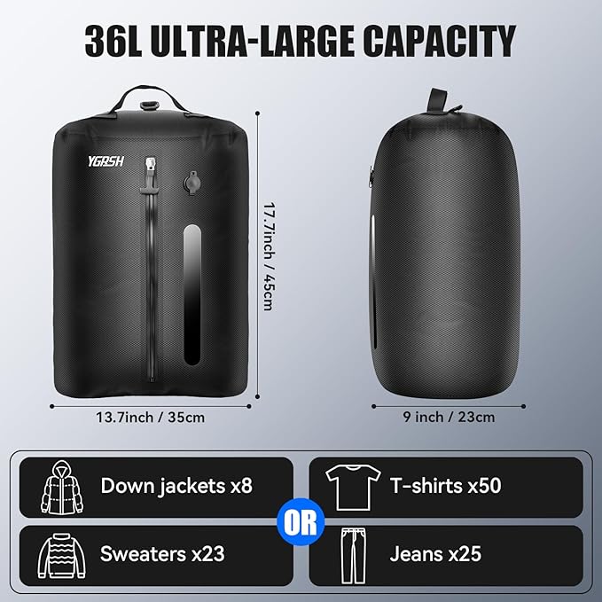36L Vacuum Bags for Travel, Waterproof Compression Bags with Wireless Lockable Pump, Reusable Vacuum Packing Cubes Compatible with Suitcase, Luggage, Backpack (1PC + Pump + Shoulder Strap)
