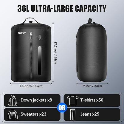 36L Vacuum Bags for Travel, Waterproof Compression Bags with Wireless Lockable Pump, Reusable Vacuum Packing Cubes Compatible with Suitcase, Luggage, Backpack (1PC + Pump + Shoulder Strap)