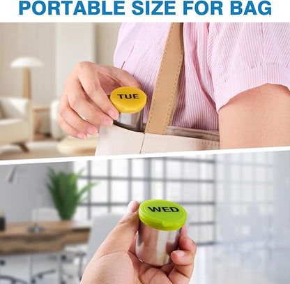 Weekly Stainless Steel Pill Organizer 7 Day, Magnetic Refrigerator Mountable Pill Box Case with Silicone-Sealed Lid for Travel, Waterproof Medicine Container, Portable Daliy Pill Holder