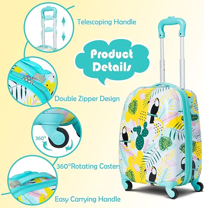 KOTEK Kids Carry On Luggage Set, 16" Hardside Rolling Suitcase with Spinner Wheels, Travel Rolling Luggage for Boys Girls (Flamingo)