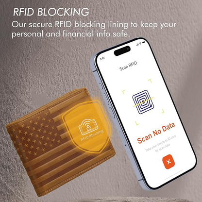 Full Grain Leather Wallet for Men, RFID Blocking, Mens Wallet Bifold with 2 ID Windows, Billfold with 13 Card Slots, Leather Gift for Men, American Flag Wallet Brown