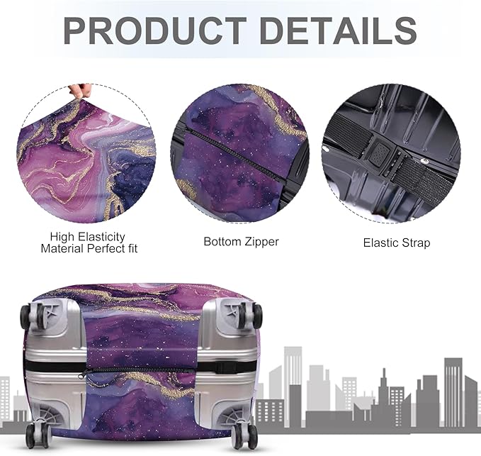 ANNA QUEEN Purple Marble Luggage Cover, Elegant Abstract Art Suitcase Protector, Stretchable Washable Travel Sleeve for 32-34 Inch Luggage