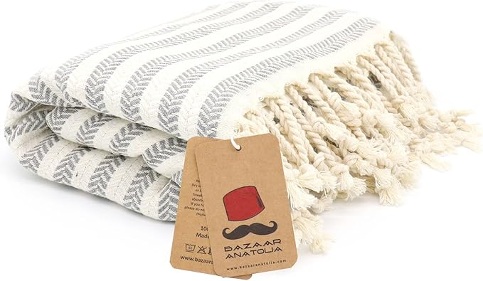 Bazaar Anatolia Turkish Beach Towel – 100% Cotton, Quick Dry, Sand Free Large Towel for Bathroom and Camping – Oversized 71x39 Inches – Arpa Grey