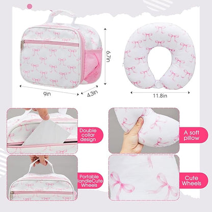 Redbaker 6 Pcs Kids Luggage Set 17 Inch Kids Rolling Luggage Double Pattern Suitcase for Girls Boys School Gift(Pink, 17 Inch, Bow Style)