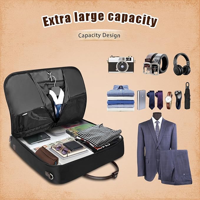 Garment Bag Travel Large Leather Carry On Suit Bag with Strap for Business Hanging Suitcase Luggage Bags for Men Women (Black)