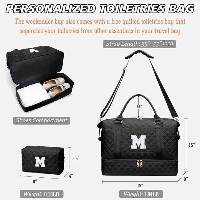 Gifts for Teens Girls Women Initial Travel Duffle Bag Quilted Weekender Carry-On Overnight with Cosmetic Bag, Gym Bag with Shoe Compartment, Black M