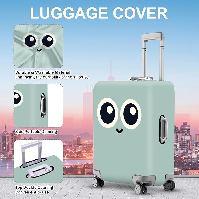 ANNA QUEEN Cute Smiley Face Luggage Cover, Teal Cartoon Suitcase Protector with Big Eyes Design, Stretchable, Washable Travel Cover for 24-26 Inch Luggage