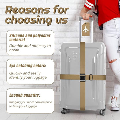 Weewooday 8 Pcs Luggage Straps Suitcase Tags Set for TSA Approved, 4 Travel Adjustable Suitcase Belt, 4 Silicone Luggage Tags with Name ID Card Travel Accessories(Khaki,Airplane)