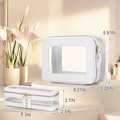 Pinkmik Clear Makeup Bag with Brush Case Travel Toiletry Bag Waterproof Cosmetic Organizer Car Essentials for Women (White, M+SLIM-1)