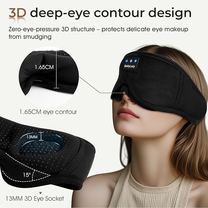 Sleep mask Headphones,100% Blackout 3D Zero Eye Pressure Bluetooth Sleep mask Breathable Eye mask with Bluetooth Headphones Sleep Headphones for Side Sleepers 14H Playtime&Bluetooth 5.4 Black