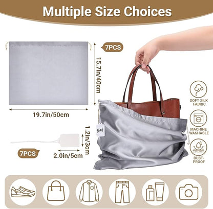 Ewen 7pcs Satin Shoe Bags with Blank Tag, 19.6x15.7in Dust Bags for Handbags with Drawstring, Dustproof Travel Essentials Large Packing Bag, Gray Purse Organizer for Home Storage Jewelry Organization