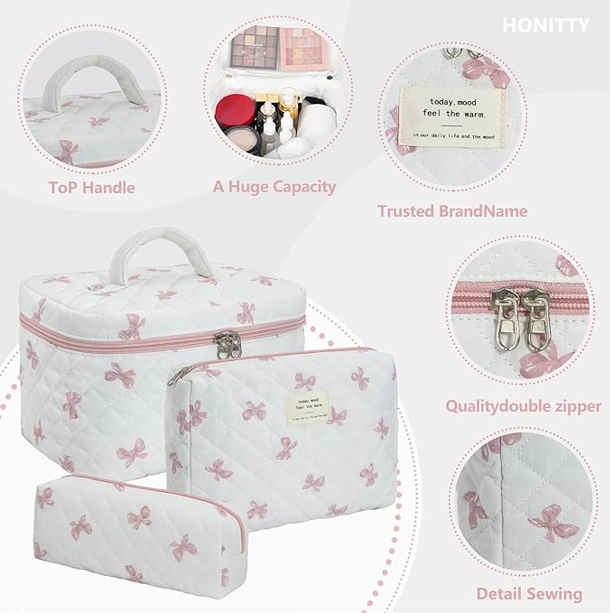 Makeup Bag,Quilted Cosmetic Bag,Large Floral Make Up Bag for Women,Cotton Makeup Bag Set,Flower Travel Toiletry Bag