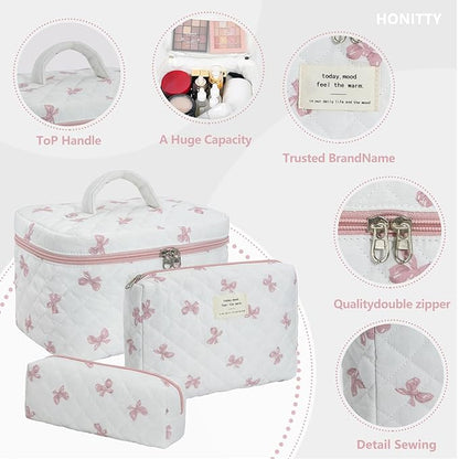 Makeup Bag,Quilted Cosmetic Bag,Large Floral Make Up Bag for Women,Cotton Makeup Bag Set,Flower Travel Toiletry Bag