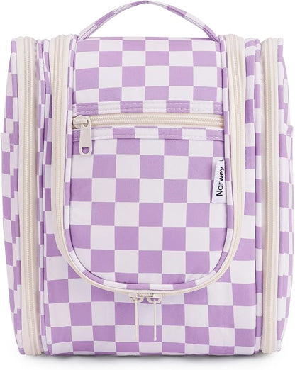 Narwey Small Checkered Hanging Travel Toiletry Bag for Women, Travel Bag for Toiletries, Makeup Bag Organizer Cosmetic Bags Make Up Bags for Women (Purple Checkerboard)