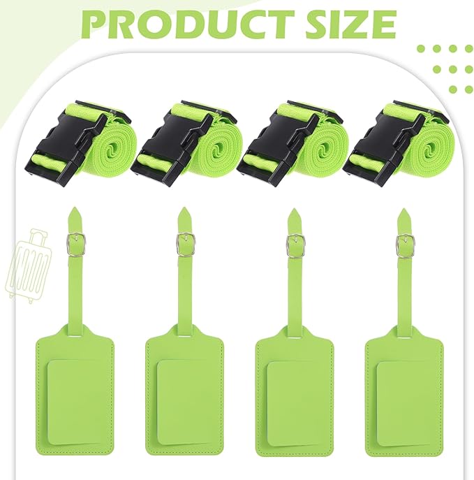 Reginary 8 Pcs Luggage Straps Suitcase Tags Set 4 Travel Adjustable Suitcase Belt 4 PU Leather Luggage Tags ravel Accessories (Green)