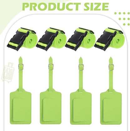 Reginary 8 Pcs Luggage Straps Suitcase Tags Set 4 Travel Adjustable Suitcase Belt 4 PU Leather Luggage Tags ravel Accessories (Green)