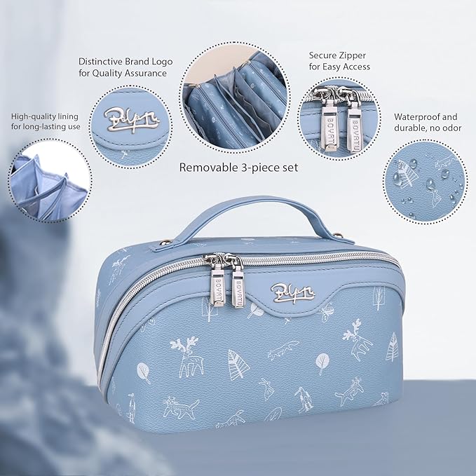BOYATU Travel Makeup Bag Cosmetic Bags for Women: 3 Pcs Set Portable Make up Bag with Handle - PU Leather Toiletry Bags with Compartments - Makeup Organizer for Travel Essentials(L-2-Blue)