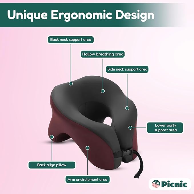 Picnic Neck Pillow for Traveling | 100% Pure Memory Foam Travel Pillow for Airplanes, Car & Office | Ergonomic Support with Adjustable Clasp, Eye Mask & Compact Travel Bag | Perfect for Relaxation
