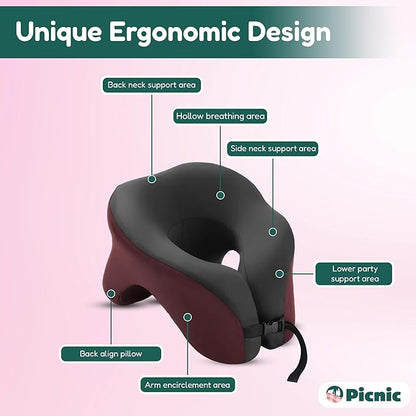 Picnic Neck Pillow for Traveling | 100% Pure Memory Foam Travel Pillow for Airplanes, Car & Office | Ergonomic Support with Adjustable Clasp, Eye Mask & Compact Travel Bag | Perfect for Relaxation