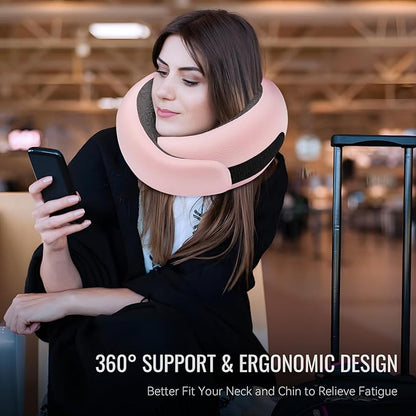 Travel Neck Pillow for Airplanes, Premium Memory Foam Neck Pillow with Ergonomic 360° Support, Travel Essentials for Plane, Car, Train and Home, Max Pink