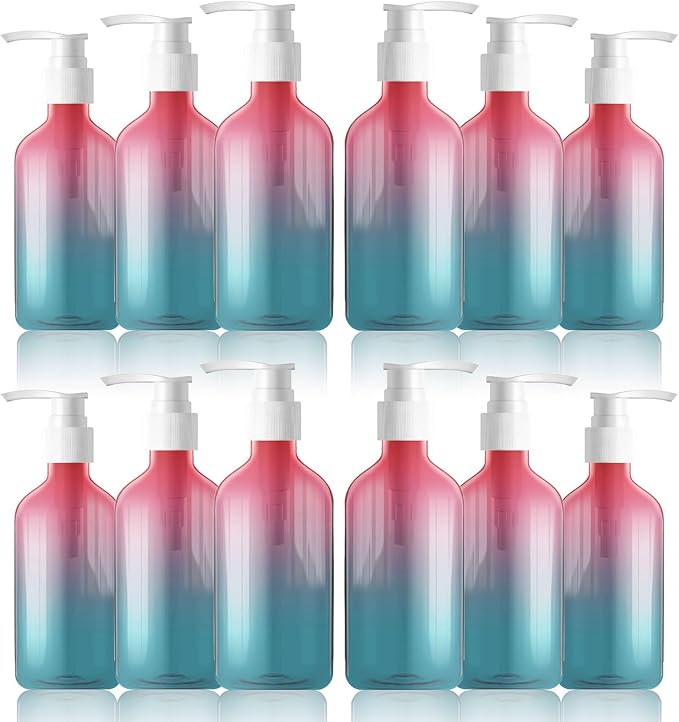 12 Pieces Empty Clear Gradient Color Pump Bottle, 8.4 oz Refillable Plastic Dispenser Bottles with Pump, Travel Lotion Container for Shampoo Hand Body Soap Oil Massage Moisturizer Face Cream Liquid