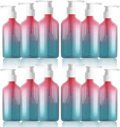 12 Pieces Empty Clear Gradient Color Pump Bottle, 8.4 oz Refillable Plastic Dispenser Bottles with Pump, Travel Lotion Container for Shampoo Hand Body Soap Oil Massage Moisturizer Face Cream Liquid