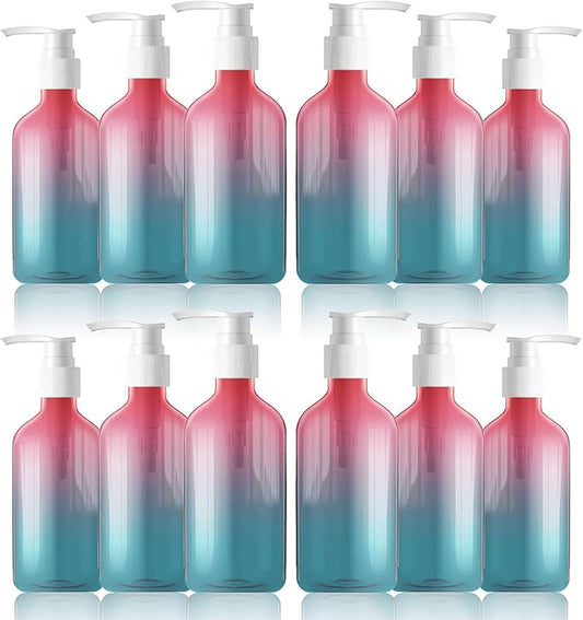12 Pieces Empty Clear Gradient Color Pump Bottle, 8.4 oz Refillable Plastic Dispenser Bottles with Pump, Travel Lotion Container for Shampoo Hand Body Soap Oil Massage Moisturizer Face Cream Liquid
