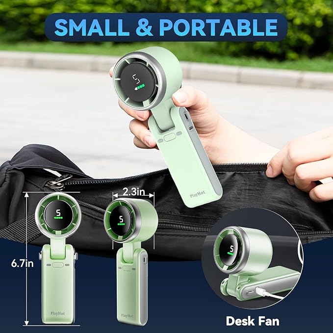 Portable Handheld Turbo Fan, 5 Gear Wind, Battery Operated, Up to 12 Working Hours, 3 IN 1 Hand Fan with Air Turbo Tech Cooling Fans for Outdoor Activities, Travel, Beach (Green)
