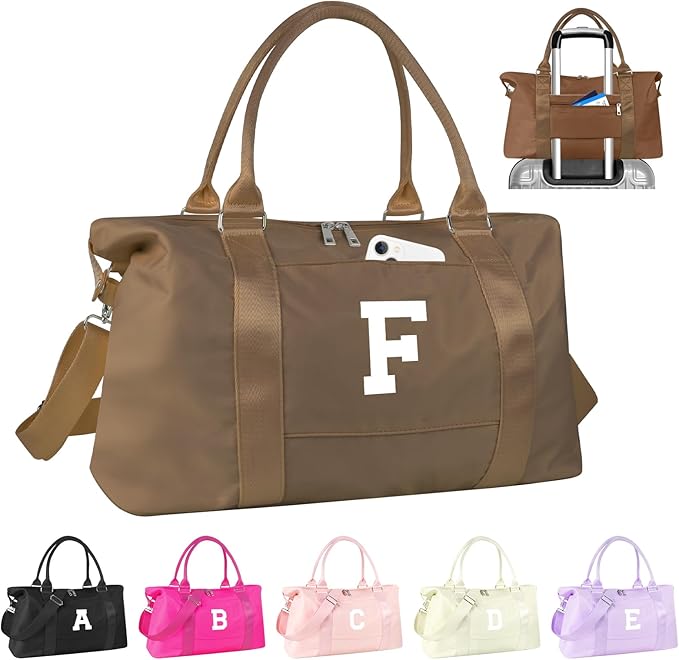 Birthday Graduation Gifts for Daughter,Initial Travel Duffel Bag Sports Gym Bag for Girls Teen Kids Birthday Gifts,Personalized Weekender Bag Carry On Tote Bags Cute Overnight Bag for Women(Brown, F)