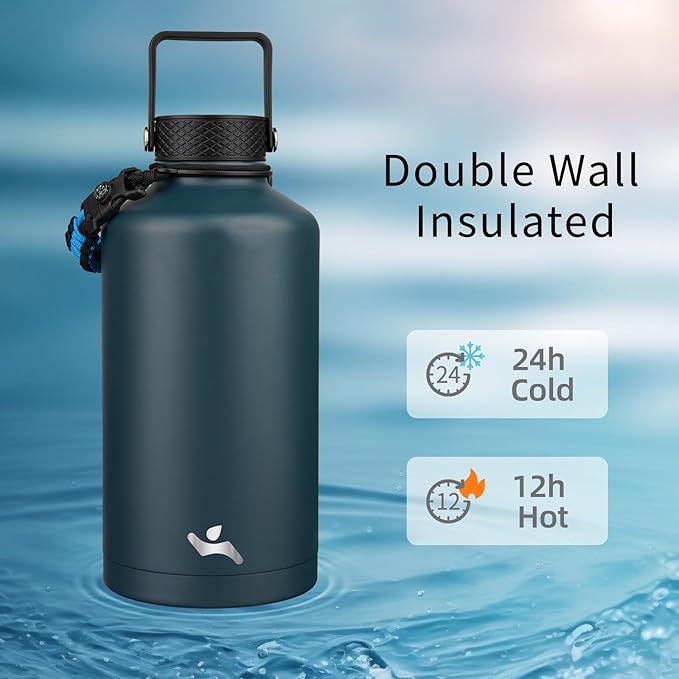 Insulated Water Bottle with Straw,87 oz 3 Lids Water Jug with Carrying Bag,Paracord Handle,Double Wall Vacuum Stainless Steel Metal Flask,Navy Blue