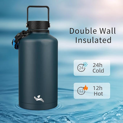 Insulated Water Bottle with Straw,87 oz 3 Lids Water Jug with Carrying Bag,Paracord Handle,Double Wall Vacuum Stainless Steel Metal Flask,Navy Blue