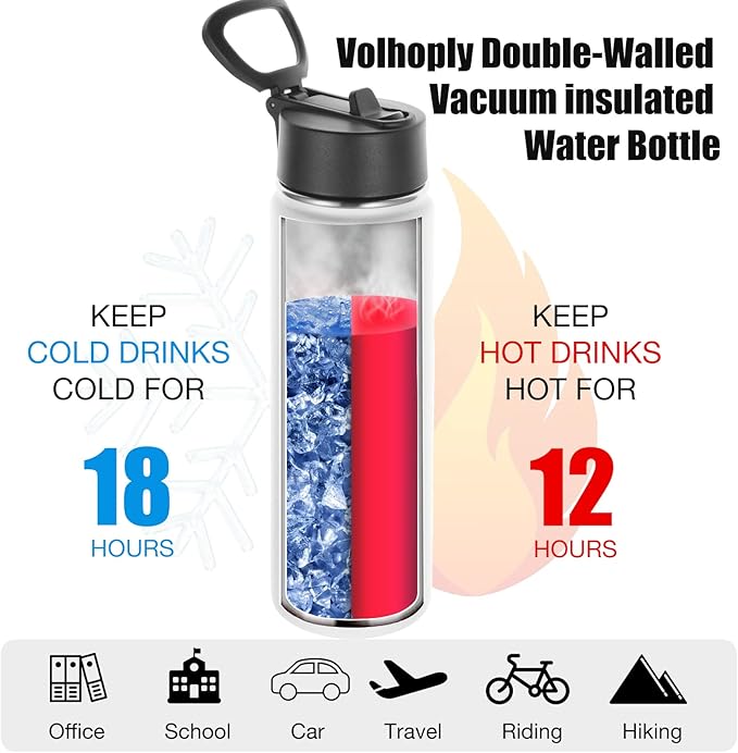Volhoply 24oz Insulated Water Bottle With Straw Bulk 3 Pack,Metal Wide Mouth Water Bottles With Handle Lid Keep Cold,Reusable Double Wall Cups,Powder Coated Sport Bottle For Holder(White,3 Count)