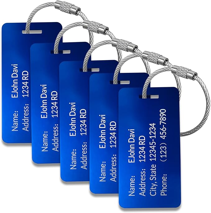 (5pcs) Made in USA Personalized Engraved Luggage tag-Custom Luggage Metal Tags for Unique Suitcase & Backpack Travel, Durable, Waterproof & Heavy Duty ((3.8×2) Blue)