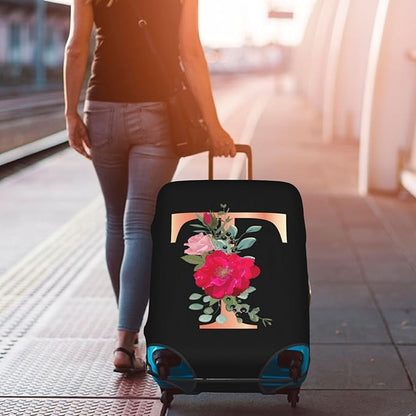 Floral Letter T Travel Luggage Cover Spandex Suitcase Protector Elastic Washable Stretch Suitcase Cover,Size L(Fit 25-28inch Suitcase)