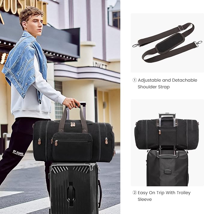 Sucipi Canvas Travel Duffel Bag for Men, Weekend Overnight Bag with Shoe Compartment and Toiletry Bag, Carry-On for Airplanes, Black