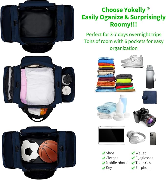 Gym Bag 22 inch Sport Duffle Bag for Men - 55L Weekender Duffel Bag for Travel - Navy Blue