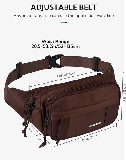 WATERFLY Fanny Pack Waist Packs: Large Crossbody Fanny Packs for Women Men with 5 Zipper Pockets Adjustable Strap Waist Bags Hip Pack for Traveling Cycling Running Hiking-Brown