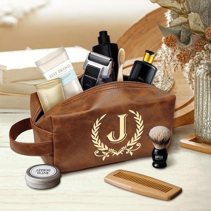 Personalized Toiletry Bag for Men Engraved Initial Leather Kit, Waterproof Travel Essentials Bag (J)