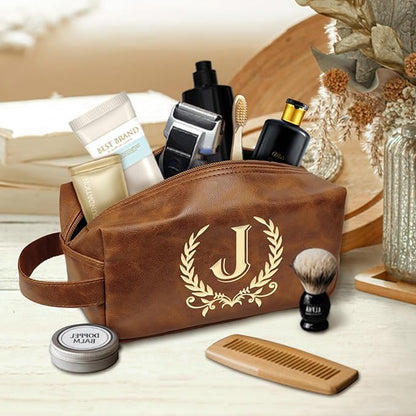 Personalized Toiletry Bag for Men Engraved Initial Leather Kit, Waterproof Travel Essentials Bag (J)