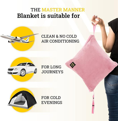 Travel Blanket Airplane Compact with Hoodie – 2in1 Airplane Travel Accessories from Plane Blanket to Travel Pillow with Luggage Strap, Soft Handle & Secure Pocket (Light Pink, 62x41'')